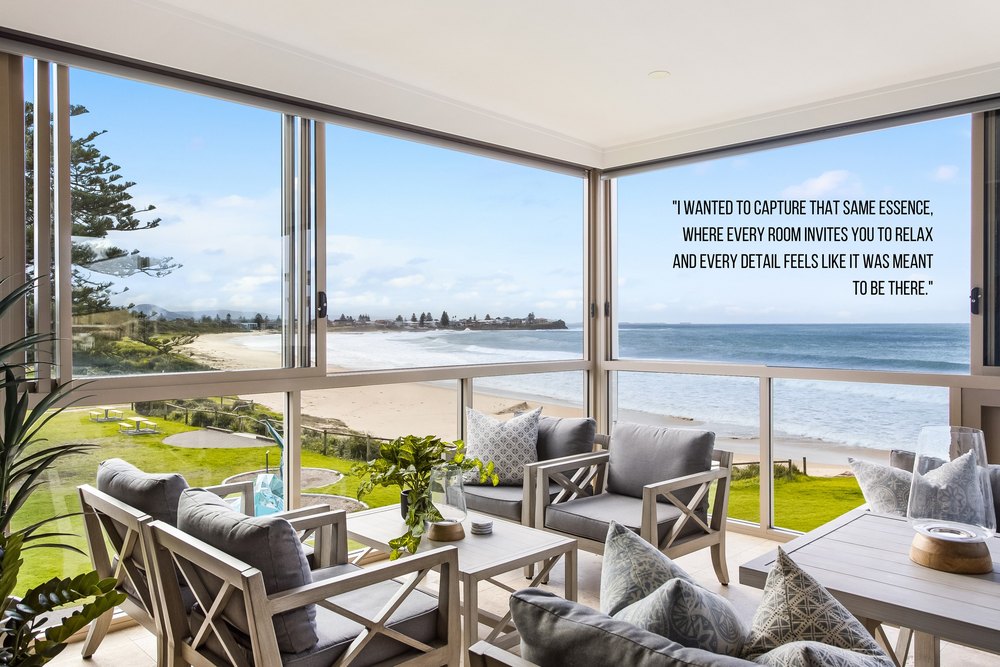 Book page: an enclosed balcony looking over the beach and headland