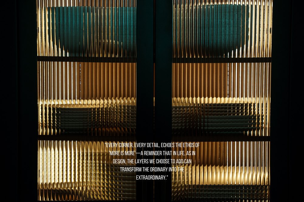Book page: warm light through fluted glass cabinet doors